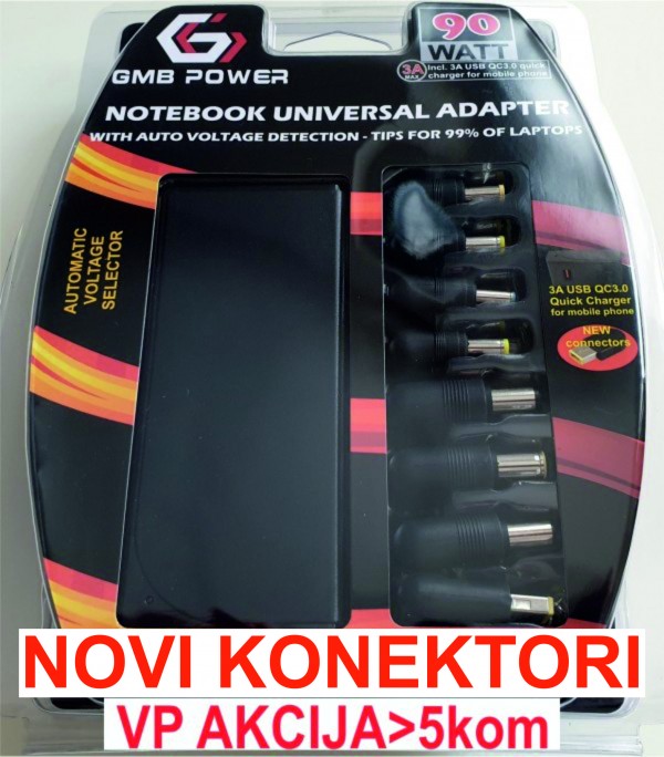 NPA-AC5D **Gembird  univerzalni laptop punjac AC 90W + QC3.0 mob.brzi punjac 3A, auto voltage (1253)